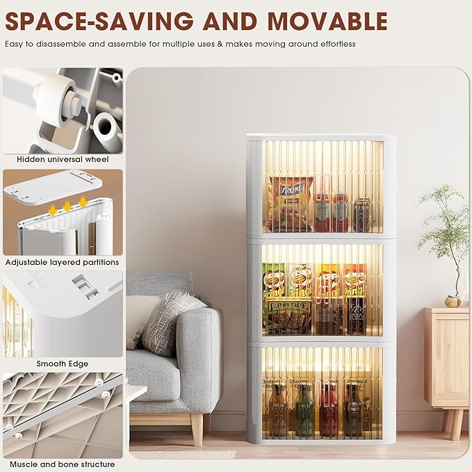 Storage Bins with Lids and Doors Stackable Plastic Pantry Cabinet Cupboard Storage Cabinet with Wheels Organizer for Bedroom, Bathroom, Office, Kitchen – Modern Freestanding Storage Unit, White