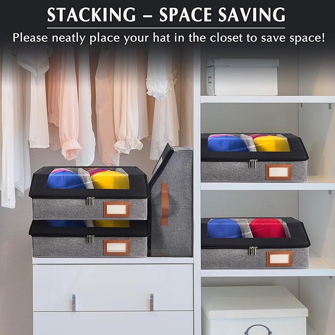 2-in-1 Hat Organizer for Baseball Caps Holds 24-30 Hats Holder for Closet with Clear lid Stackable Hat Storage with Adjustable Space Cowboy Hat Box for Men Women 1 PCS Black and Grey
