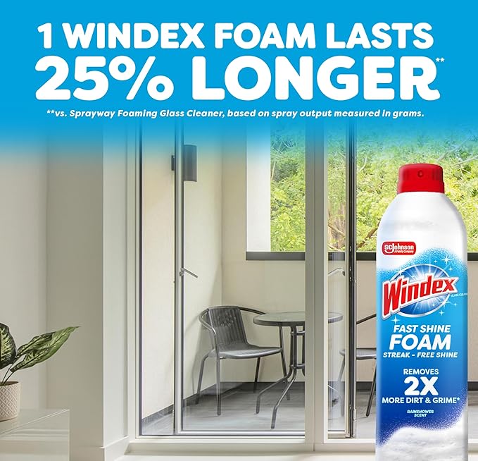 Windex Fast Shine Foam Glass Cleaner, No-Drip Aerosol Cleaning Spray, 19 oz. (Pack of 2)