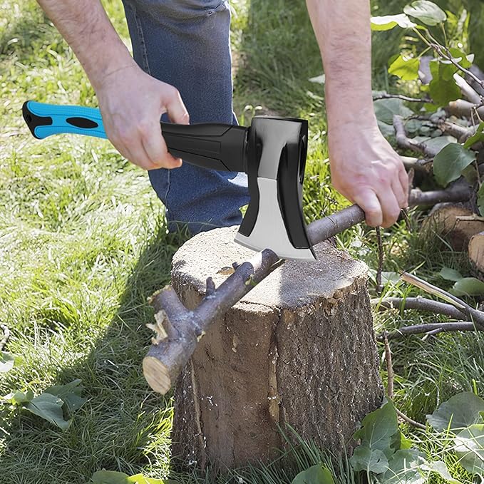 Splitting Axe, 14” Camping Outdoor Hatchet for Wood Splitting and Kindling, Forged Carbon Steel Heat Treated Hand Maul Tool, Fiberglass Shock Reduction Handle, Blue