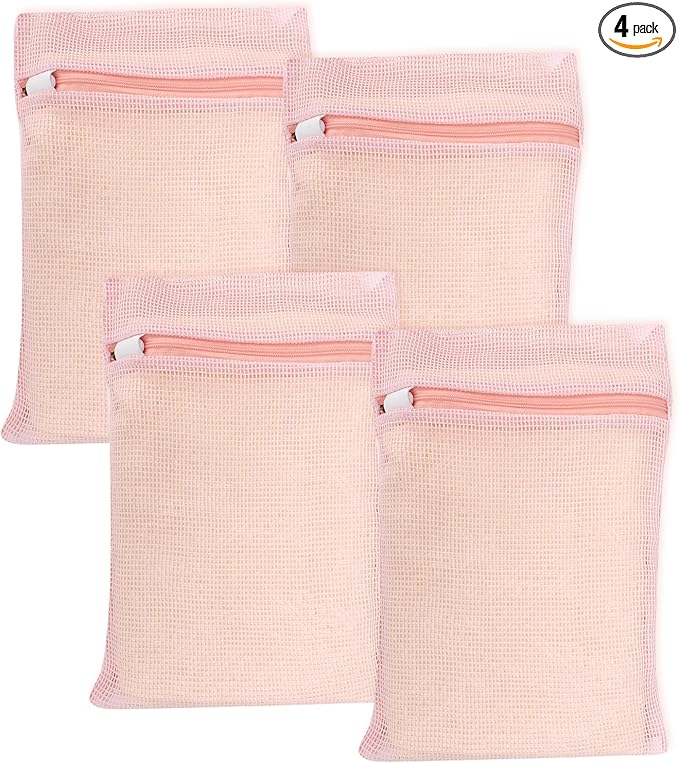 4 Piece Pink Small, Durable Organic Cotton Mesh Laundry Bag with Strong Zipper and Breathable Mesh, Delicate Laundry Bag for Underwear, Clothes, Pants and Socks