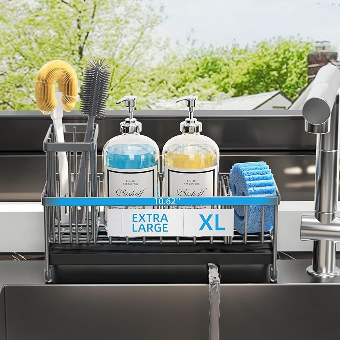 Moforoco Extra Large Sponge Holder for Kitchen Sink Organizer Caddy, Dish Brush Scrubber Holder,Stainless Steel Sink Box Utensil Holder,Soap Dispenser Set Tray Counter Accessories(Grey)