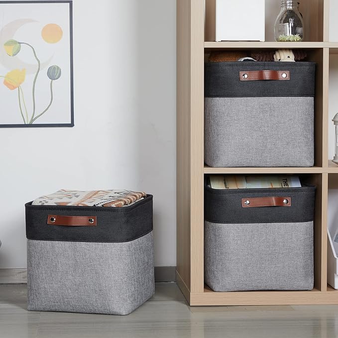 HNZIGE Decorative Storage Basket(4 Pack) Linen Cube Storage Baskets for Organizing Toys,Books,Towels,Blankets,12x12 Baskets for Storage Clothes with Handles(Black&Grey)