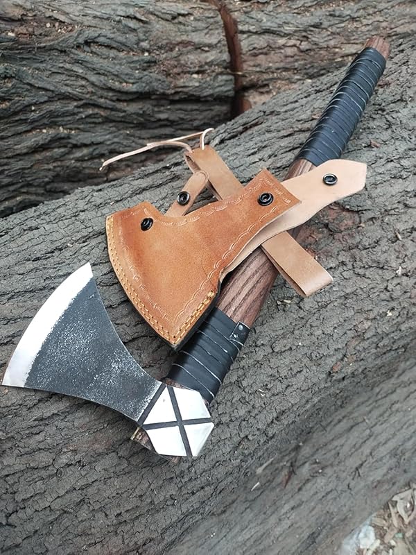 Kacha Store | custom handmade Viking medieval Axe with Viking gift,Hand Axe,Viking Gifts for Men,Camping Tomahawk,Bearded,Valhalla Axe with Leather Sheath (Battle axe) (Valhalla)