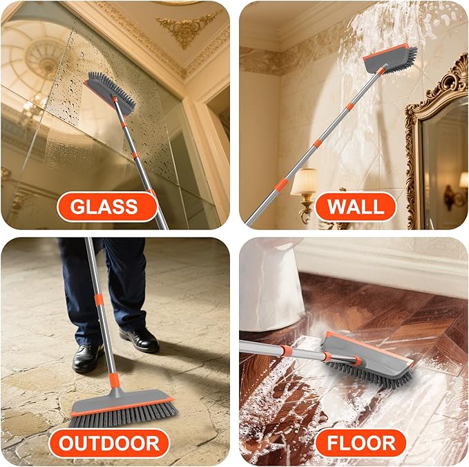 BITOPE Floor Scrub Brush with Long Handle, Heavy Duty Deck Scrubber with Stiff Bristles,Garage Concrete Cleaner Tool for Cleaning Tile Patio Outdoor Porch Indoor Kitchen Shower Bathroom