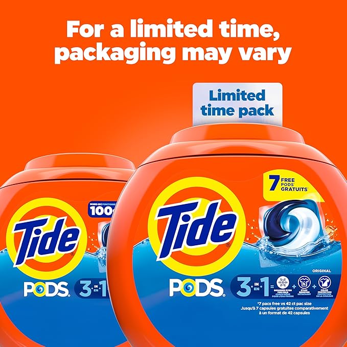 Tide PODS Laundry Detergent Pacs, 3-in-1 Stain Remover, Odor Fighter, Color Protector, 42 Count, HE compatible, Original Scent (Packaging May Vary)