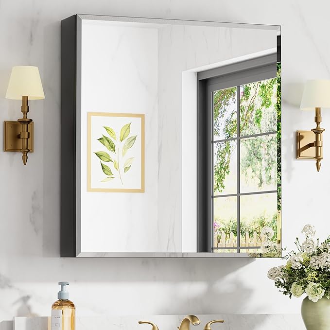 28x30 Inch Medicine Cabinet with Mirror, Aluminum Medicine Cabinet, Tempered Beveled Edge Large Singer Door Mirror, Adjustable Shelves, Surface or Recessed Mount Bathroom Mirrors with Storage, Black