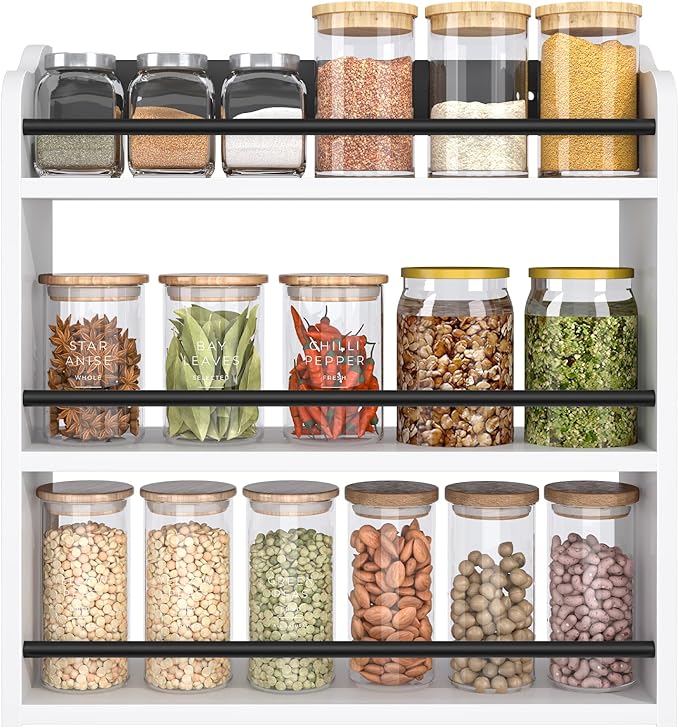 3 Tier Wooden Spice Rack, Seasoning Jars Rack Shelf Spice Organizer for Countertop or Wall Mount, Vertical Spice Holder for Kitchen Counter, Cabinet, Pantry, White