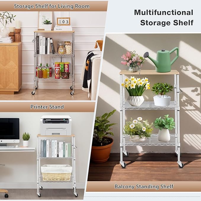450Lbs Capacity Microwave Cart with Wheels, 3 Tier Rolling Cart with Adjustable Shelves, Multifunctional Metal Utility Storage Kitchen Carts on Wheels, 23.6" L*15.7" W*37" H, Wood+Chrome