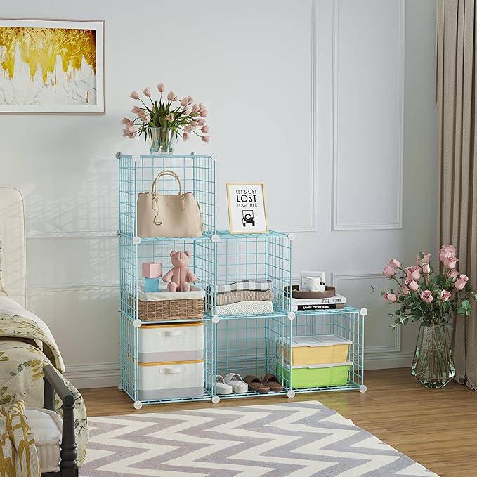 C&AHOME Wire Cube Storage, 6 - Cube Organizer Metal C Grids, Modular Shelves Units, Closet Organizer, Ideal for Home, Office, Living Room, 36.6”L x 12.4”W 36.6”H, Blue UWCS3006B