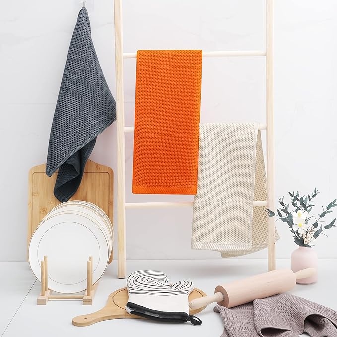 Homaxy 100% Cotton Waffle Weave Kitchen Dish Towels, Ultra Soft Absorbent Quick Drying Cleaning Towel, 13 x 28 Inches, 6-Pack, Orange
