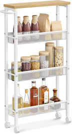 VASAGLE Slim Rolling Cart, 4-Tier Storage Cart, Narrow Cart with Handle, 5.1 Inches Deep, Metal Frame, for Kitchen, Dining Room, Living Room, Home Office, Oak Beige and Classic White ULRC032W09