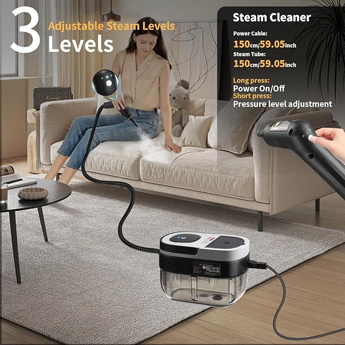 Steam Cleaner, 3-Level Adjustable Handle, 15s Heat-Up, 1.69 Quarts Tank, Portable Steamer for Cleaning with 10 Accessories, Steam Cleaner for Home for Dirt (White)