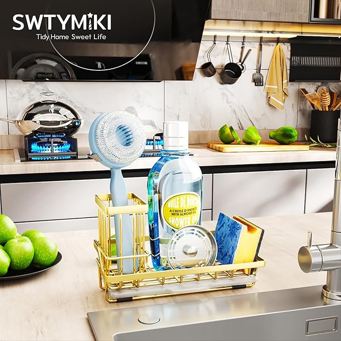 SWTYMIKI Sink Caddy Kitchen Sink Organizer with Detachable Brush Holder, Stainless Steel Sponge Holder with Removable Drip Tray Sponge Caddy for Kitchen Countertop, Gold