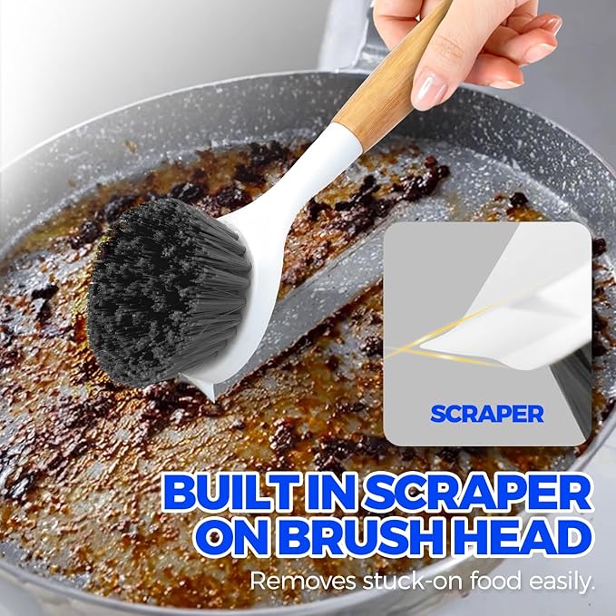 Holikme 3 Pack Cast Iron Brush and Scraper with Bamboo Handle – Skillet Scrubber with Tough Nylon Bristles, Kitchen Cleaner for Cleaning Skillet, Grill Pan, Dark Gray