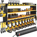 KAFAHOM Power Tool Organizer with Charging Station,9 Drill Holder Wall Mount,4 Layer Durable Metal Cordless Drill Storage for Garage Organization,Battery Tool Rack Built in 7 Outlet Power Strip-Yellow