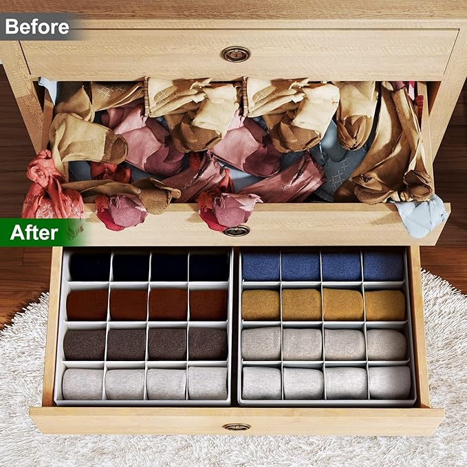 Joyoldelf Sock Drawer Organizer Divider Underwear Organizer 16-cell Fabric Dresser Drawer Organizers Storage Boxes for Socks Lingerie, Handkerchiefs, Ties 4 Pack (Grey)