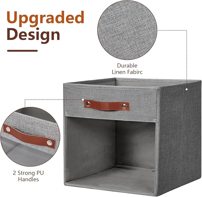 Storage Cube Organizer with Clear Window, Linen Collapsible Storage Boxes with PU Handles, Cube Storage Bins for Shelf, Closet, Cabinet, Bookcase (13x13x13, Gray)