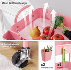 4 Tier Metal Rolling Cart with Lockable Wheels and Handle, Four Tiered Pink Trolley Cart on Wheels, Utility Storage Organizer for Bathroom, Kitchen, Teachers, Art, Crafts, Baby Diaper, Snack, Nail