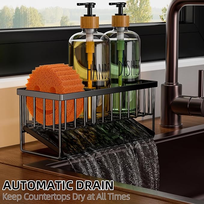 Cisily Dish Soap Dispenser, 16 fl Oz Dual Kitchen Soap Dispensers with Sponge Holder, Customized Stainless Steel Kitchen Soap Dispenser Set, Modern Hand and Dish Soap Bottle Set Removable