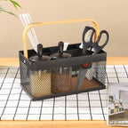 Utensil Caddy Metal Mesh Silverware Cutlery Organizer Basket with Bamboo Handle, Multi-Purpose Steel Wire Caddy 6 Compartment Flatware Basket for Kitchen, Countertop, Picnic, Restaurant, Black