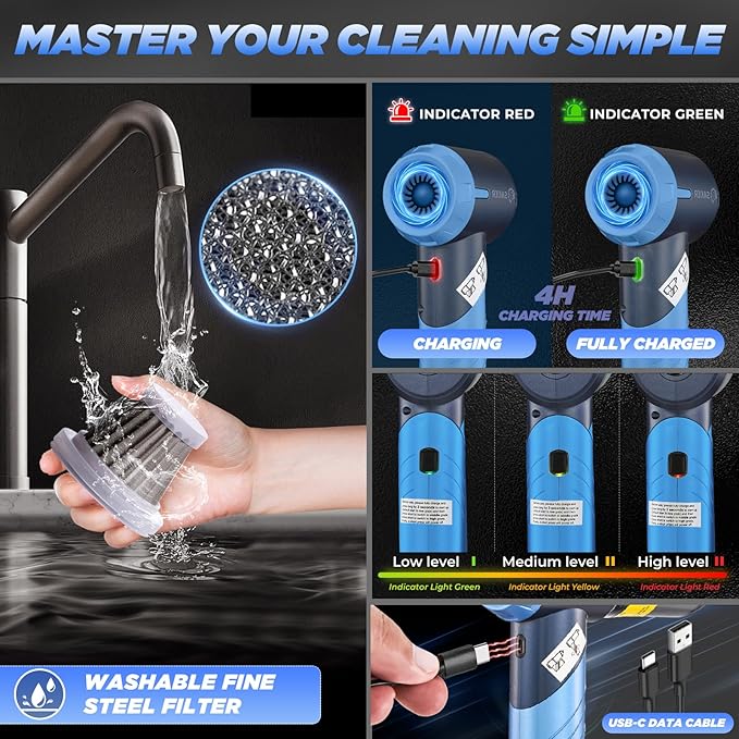 Saker Portable Car Vacuum Cleaner Cordless High Power 17000PA 3 in 1 Foldable Handheld Vacuum Cordless with Brushless Motor for Inflation,Dust Blowing,Home Car Cleaning HL132 Blue