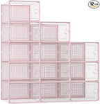 Kuject X-Large Shoe Storage Boxes Organizers Clear Plastic Stackable 12 Pack, Shoe Rack & Holder Substitute, Sneaker Containers, Toy Storage Organizer Bins for Entryway, Closet, Under Bed, Pink