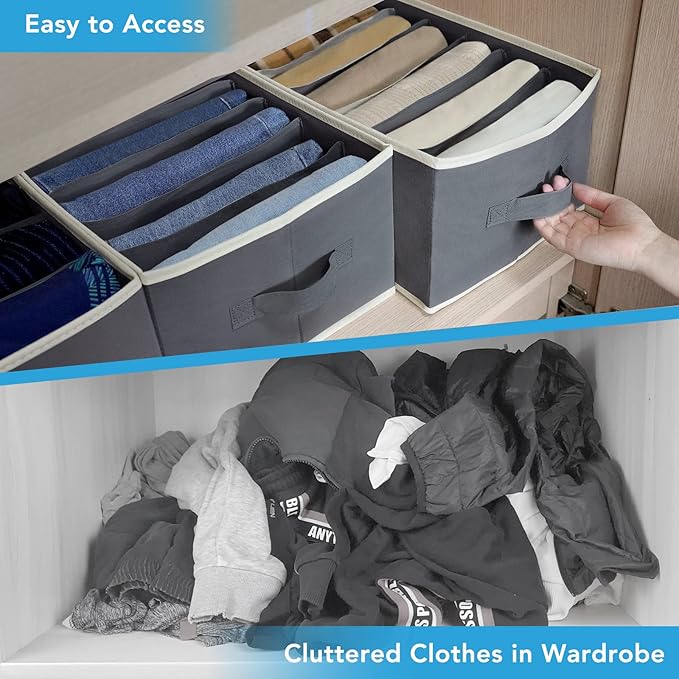 6 Pcs Large Size Wardrobe Clothes Organizers 6 Grids for Pants, Jeans, Sweater, T-shirt, Dress Stackable Closet Drawer Organizer Storage Bin Container with Sturdy Handles, Dark Grey