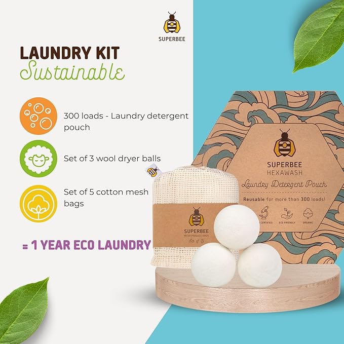 SuperBee Laundry Kit - Eco Laundry travel kit - Chemical Free Sensitive Skin Laundry - Laundry alternative 300 loads - 3 Wool Dryer Balls - Natural Fabric Softener - Cotton mesh laundry bags set