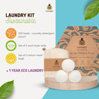 SuperBee Laundry Kit - Eco Laundry travel kit - Chemical Free Sensitive Skin Laundry - Laundry alternative 300 loads - 3 Wool Dryer Balls - Natural Fabric Softener - Cotton mesh laundry bags set