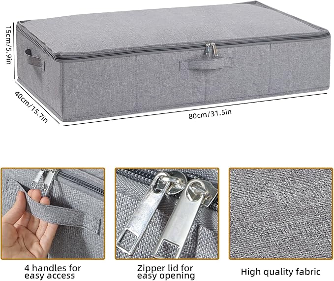 Underbed Storage Organizers, 31.5 x 15.7 x 5.9 Inch Container Bags with Lids and Handles, Storage Boxes for Blanket, Pillows, Shoes, Grey, 2 Pack