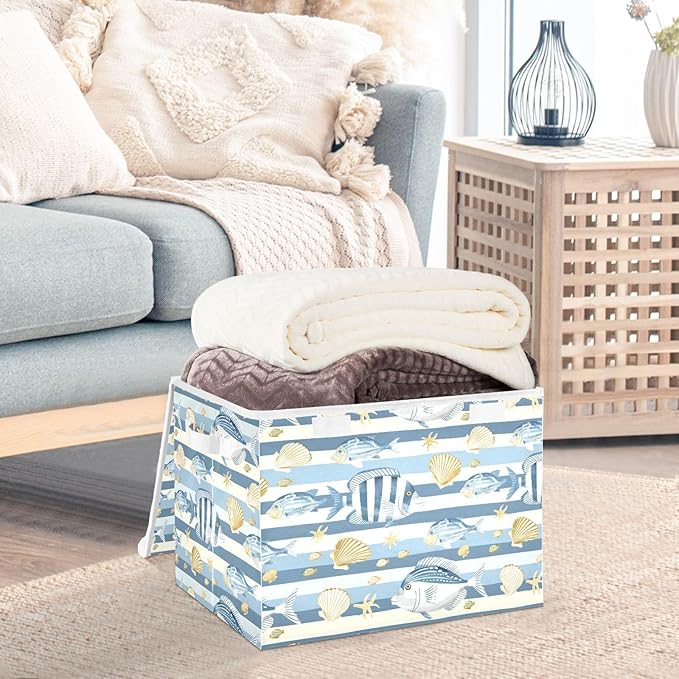 senya Large Storage Bins with Linen Collapsible Foldable Storage Cubes Fabric Closet Organizer Containers box with Flip-Top Lid for Home Bedroom Office 16.7 x 12.6 x 11.8in (Fish Shells Light Blue)