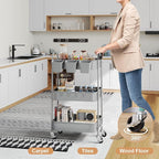 Gray 3 Tier Rolling Storage Cart on Wheels, Sturdy Metal Organizer Cart with Wheels and Handle, Three Tiered Utility Carts for Book, Art, Craft, Snack, Cleaning, Kitchen, Easy Assembly, Mesh Shelves