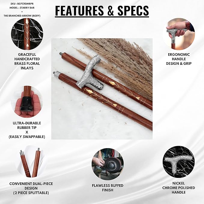 Deluxe Walking Sticks | Rosewood Crafted Cane with Solid Brass Chrome Decorative Bars | Nagina International