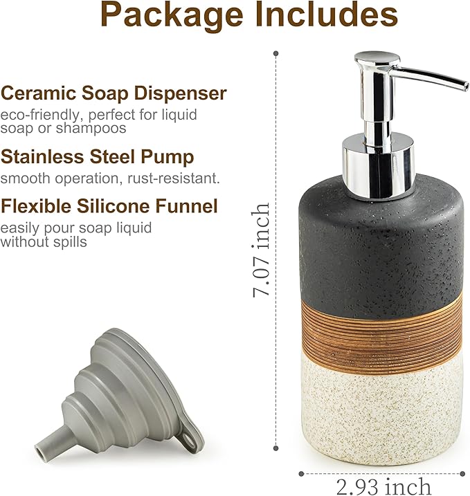 Dish Soap Dispenser Set with Silicone Funnel, Hand Soap, Shampoo, Body Wash, Ceramic Liquid Soap Dispenser for Kitchen and Bathroom Countertops, Stainless Steel Pump, Non Slip, 12 Oz, Black