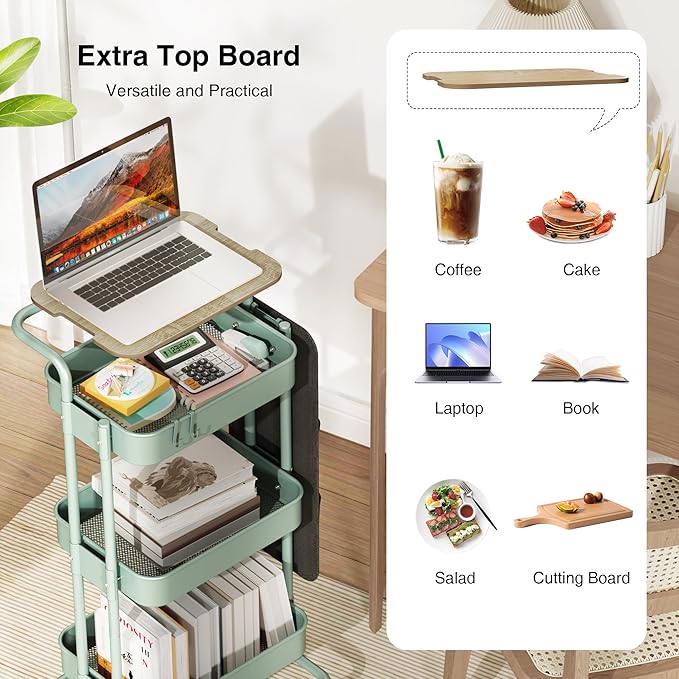 DTK 3 Tier Metal Utility Rolling Cart with Table Top and Side Bags, Metal Tray Storage Organizer Cart with Wheels, Art Craft Cart with 4 Hooks for Kitchen Bathroom Office Living Room (Green)