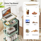 DTK 3 Tier Metal Utility Rolling Cart with Table Top and Side Bags, Metal Tray Storage Organizer Cart with Wheels, Art Craft Cart with 4 Hooks for Kitchen Bathroom Office Living Room (Green)