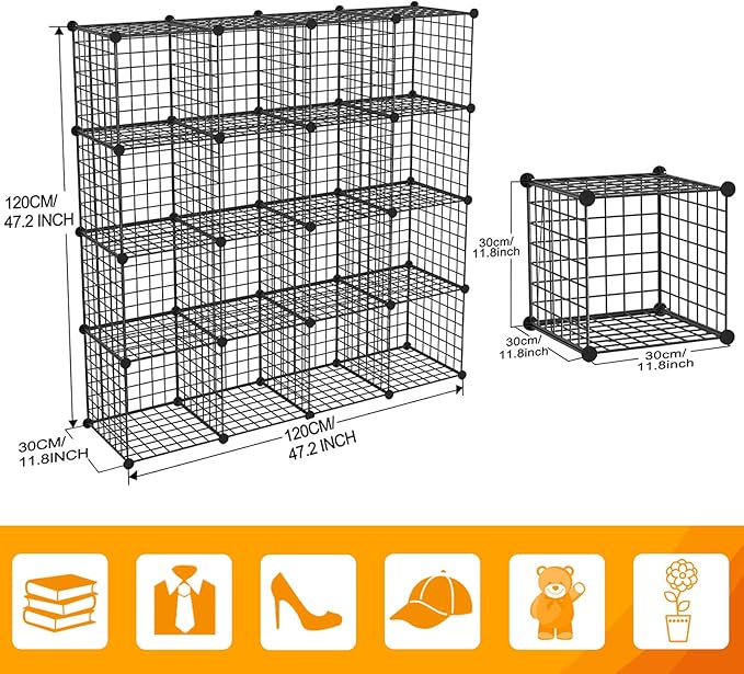 HUBSON Wire Cube Storage Organizer, Book/Toy/Craft/Potted Plants and petCloset Organizers and Storage Shelves, 16-Cube Freely Combinable Metal Grids Storage Shelf,Black Iron