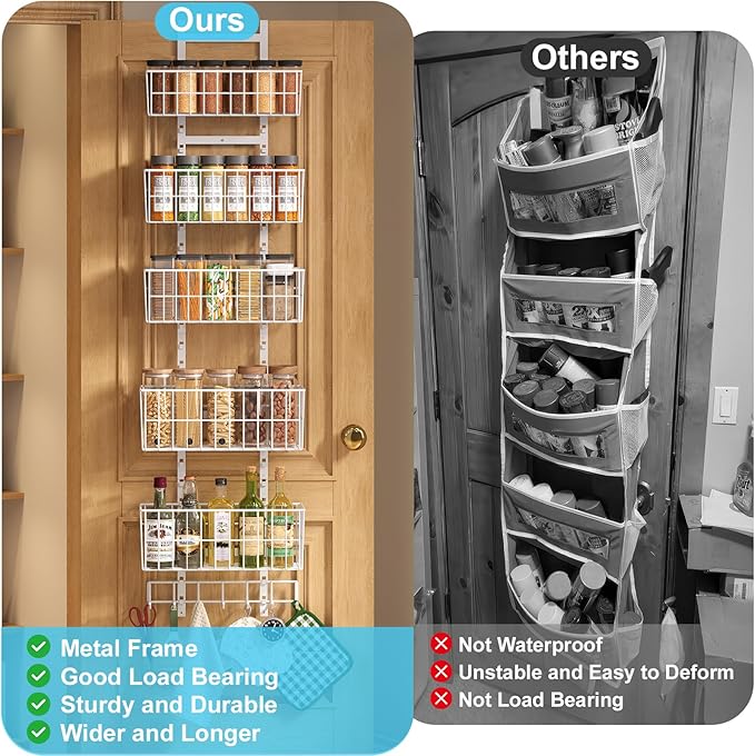 Adjustable Over The Door Organizer, Metal Hanging Door Organizer with 5 Wire Basket 7 Hooks, Wall Mounted Shelf for Pantry Closet Organization and Storage, White
