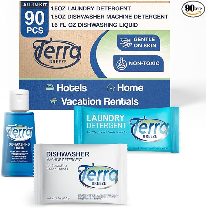 Travel Laundry Detergent & Dish Soap | Terra Breeze 1-Shoppe Amenities Kit | Laundry Soap, Dish Soap | 90 Pieces