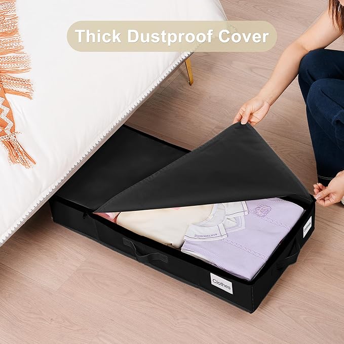 Under Bed Storage with Wheels, 2 Pack Under Bed Storage Containers with Label Holders for Clothes, Shoes and Blankets, Rolling Underbed Shoe Organizer with Cover, Black (30.71x15.7x7.28 in)