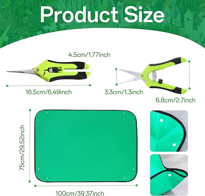 Reusable and Durable 5pcs Green Solid Lacquered ironsteel Garden Tool Set with Spade, rake, Shovel, and 6.5 inch Plant Shears, Waterproof repotting mat for Indoor and Outdoor Plants