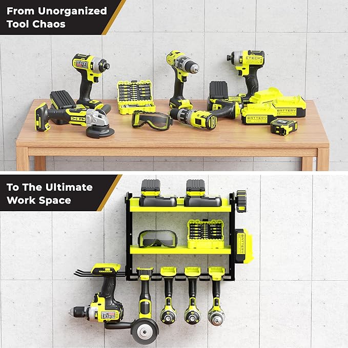 Power Tool Organizer - 6 Drill Holder Wall Mount, 3-Tier Heavy-Duty Hand Tool Storage Rack With 2 Pegboard Sides - Green