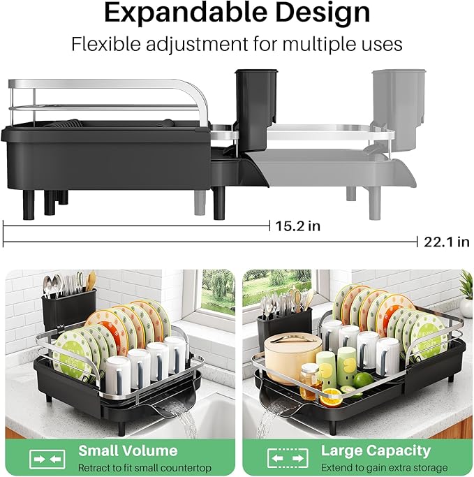 SAYZH Dish Drying Rack - Expandable Dish Rack for Kitchen Counter, Rust-Resistant Dish Drainer with Utensil Holder and Raised Guardrail, Kitchen Organizer for Cup and Bottle (Black)