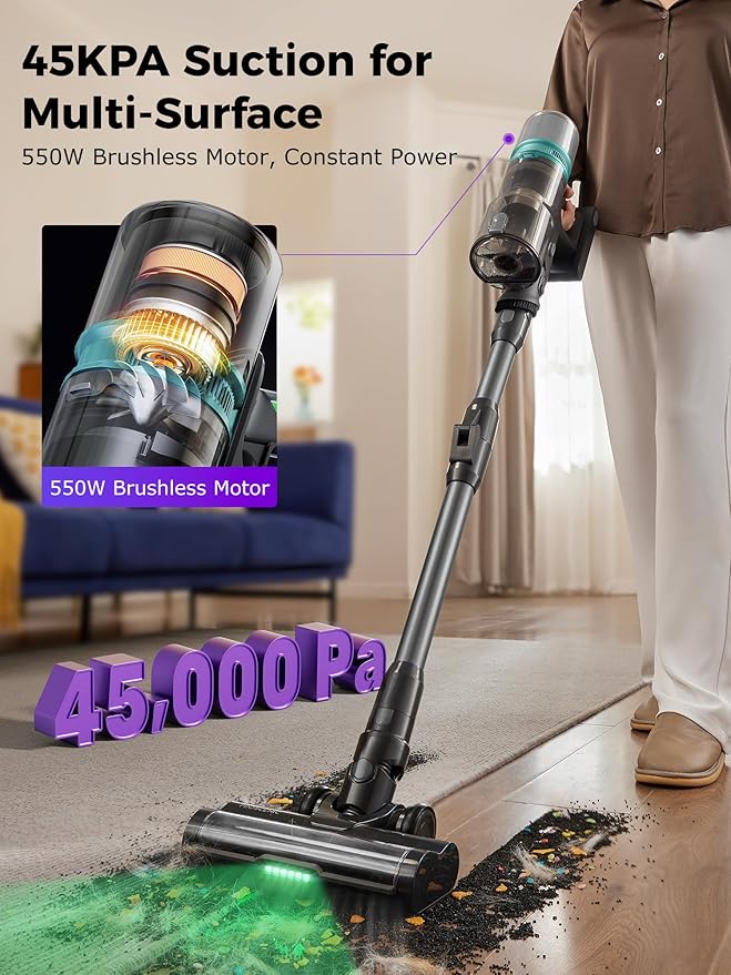 Proscenic Cordless Vacuum Cleaner, 550W 45KPA 55Mins Runtime, 180°Bendable Wand, Stick Vacuum with Green LED, Tangle-Free Brush, Rechargeable Lightweight Vacuum Cleaners for Home, Pet Hair, P16(Grey)