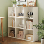 LINSY HOME Cube Storage Shelf, 3 Tier Floor Standing Book Shelf with Storage, Open Freestanding 9-Cube Bookcase Small, White Wooden Bookshelf for Home Office, Bedroom, White Oak