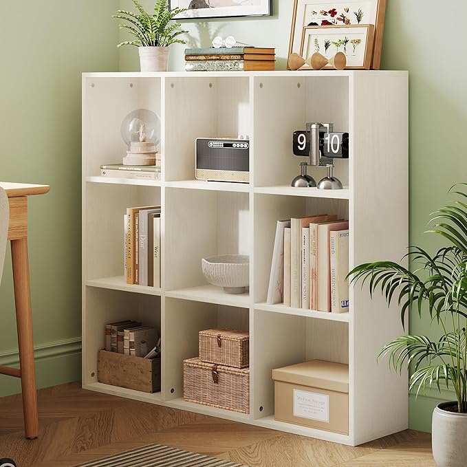 LINSY HOME Cube Storage Shelf, 3 Tier Floor Standing Book Shelf with Storage, Open Freestanding 9-Cube Bookcase Small, White Wooden Bookshelf for Home Office, Bedroom, White Oak