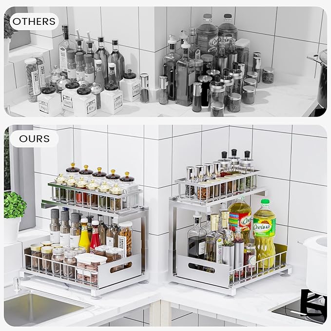 2 Pack Under Sink Organizer, 2-Tier Heavy Duty Metal Pull Out Cabinet Organizer Slide Out Sink Shelf Organizer Height Adustable, Multi-Purpose Storage Shelf for Kitchen Bathroom (Silver, 2 Pack)