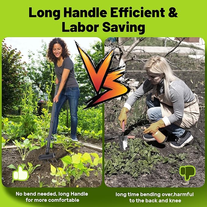 2 in 1 Weeding Tools Gardening Weed Puller with Long Handle,Stirrup Hula Garden Hoe with 4 Tines Rake,Garden Tiller Cultivator with 62.6" Adjustable Handle for Weeding,Seeding,Ditching,Loosening