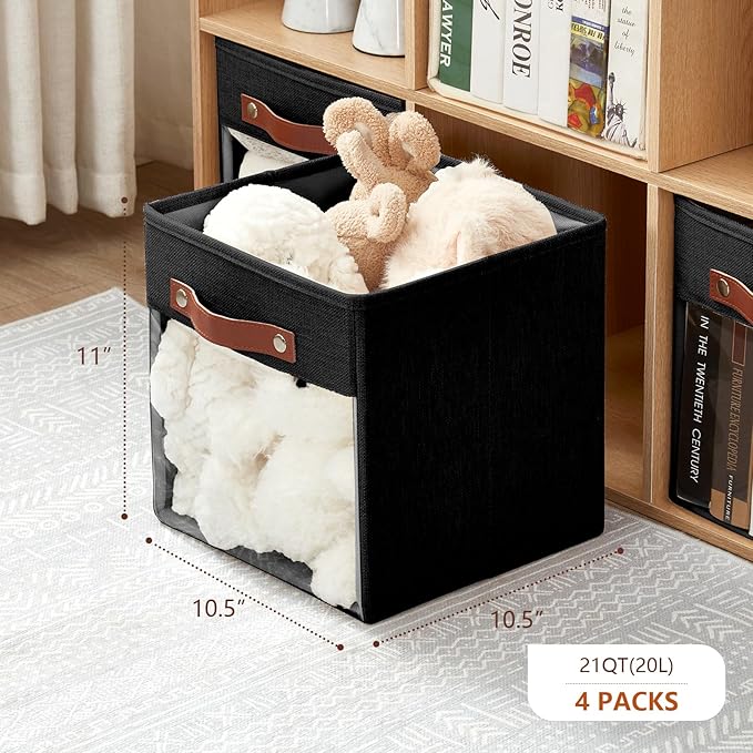 Storage Cube Organizer with Clear Window, Linen Collapsible Storage Boxes with PU Handles, Cube Storage Bins for Shelf, Closet, Cabinet, Bookcase (10.5x10.5x11, Black)